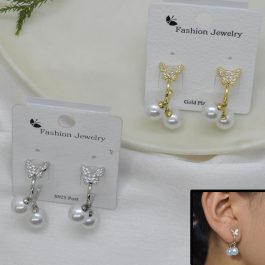 Jewels of Nepal CZ Stones Studded S925 Butterfly Designed Faux Pearl Drop C-Hoop Earrings For Women