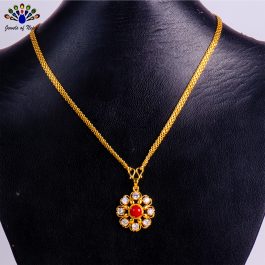Gold Plated Traditional Flower Designed Stones Studded Chain Pendant for Women