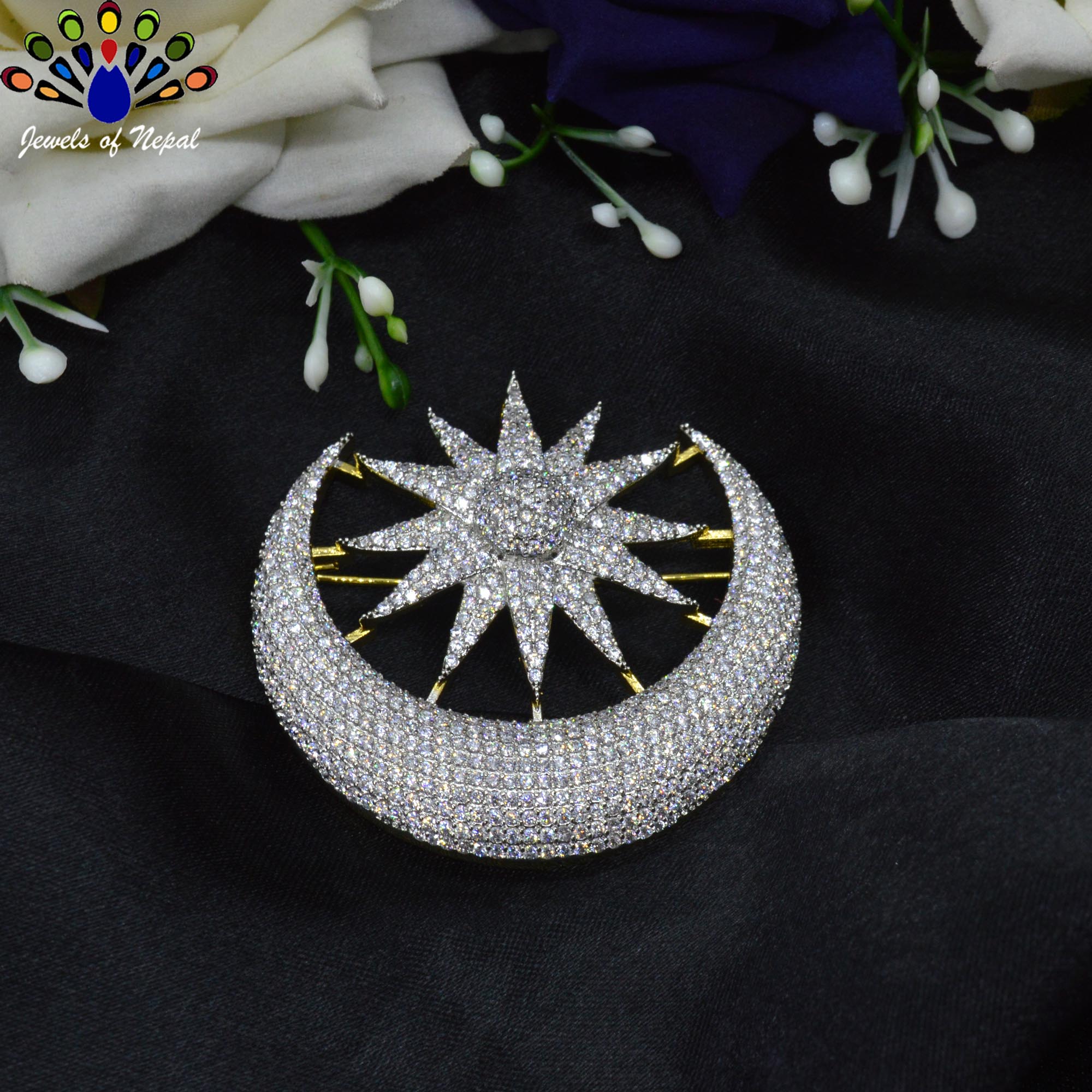 Jewels of Nepal Imitation Diamond (American Diamond) 5A Grade CZ Studded Crescent Moon and Sun Designed Brooch for Women - Image 2