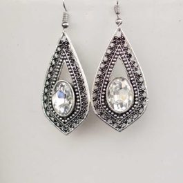 Silver/White Stoned Textured Drop Earrings For Women