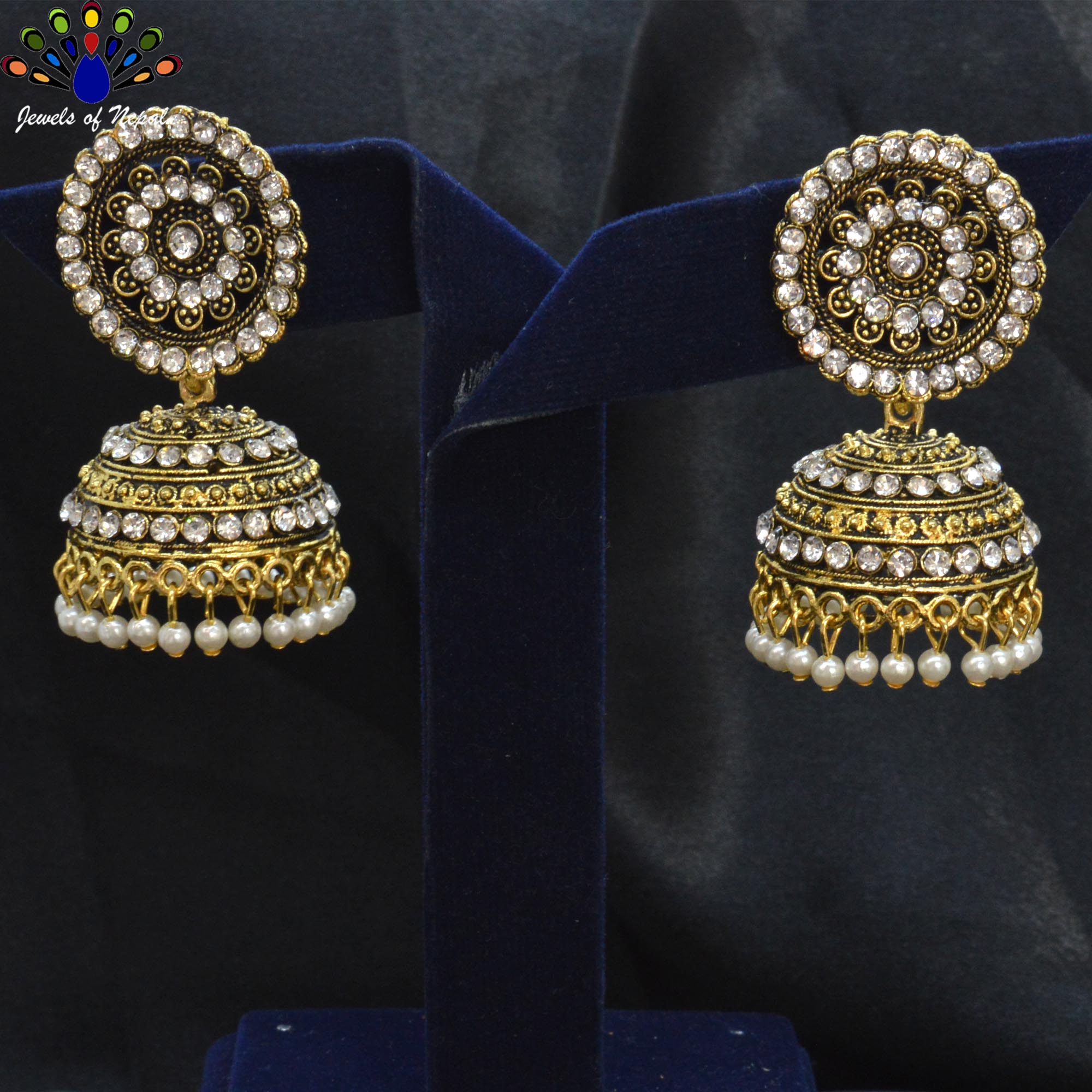 Jewels of Nepal Golden Stone Studded Round Top Pinjada Earrings For Women - Image 2