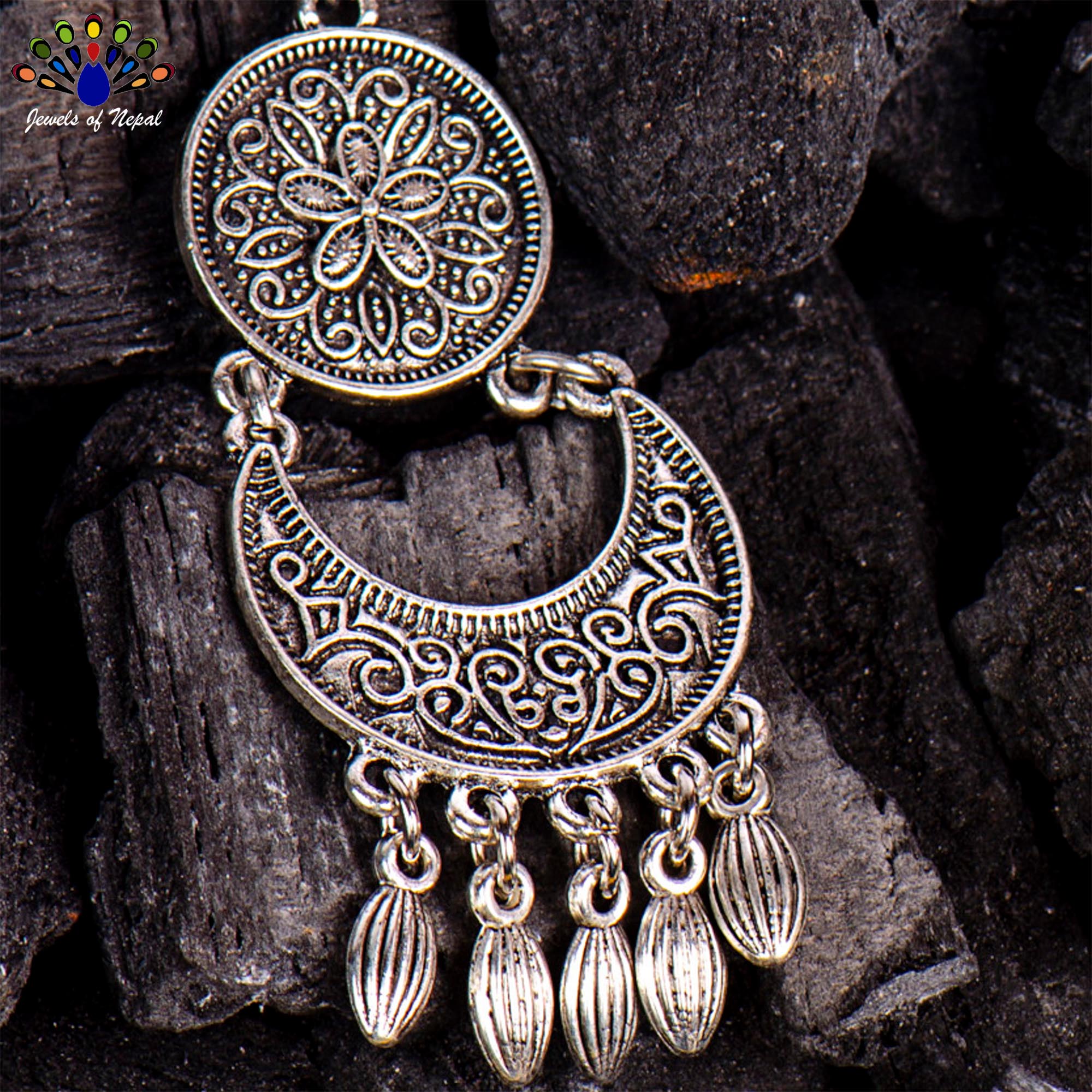 Metal Flower Curved Dangle Earrings - Image 2