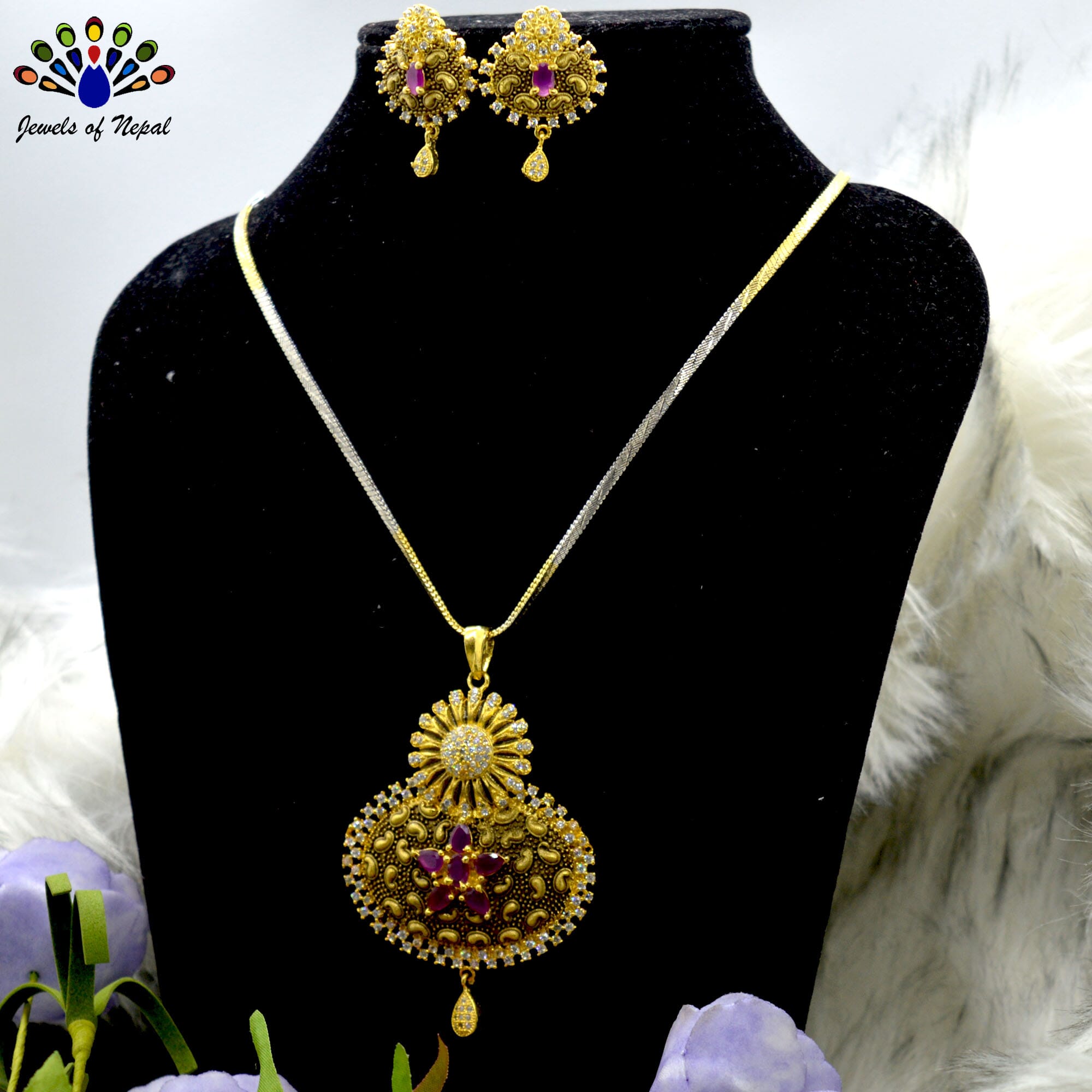 American Diamond & Faux Ruby Studded Floral Jewelry Set For Women