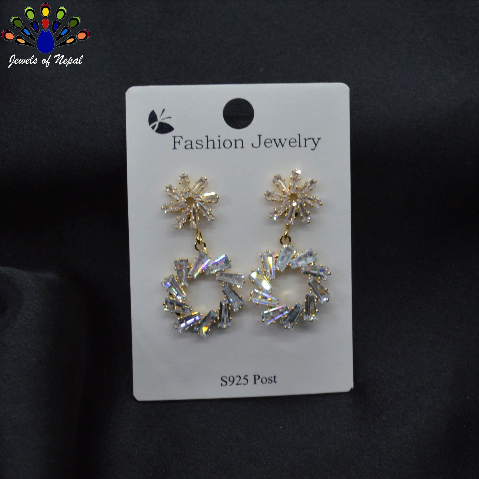 Jewels of Nepal S925 Golden/Silver Stone Studded Floral Top Circular Drop Designed Earrings For Women - Image 2