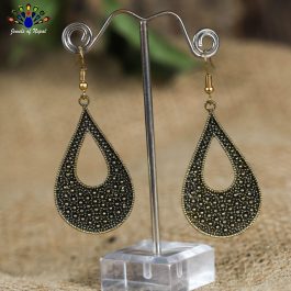 Antique Golden/Black Dot Textured Drop Designed Earrings - Jewels of Nepal