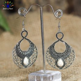 Self Patterned Ivory Stoned Dangling Earrings - Jewels of Nepal