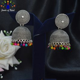 Jewels of Nepal Silver Toned Dot Textured Round Top Pinjada Earrings For Women