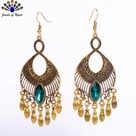 Golden/Green Drop Design Dot Textured Tassel Earrings For Women