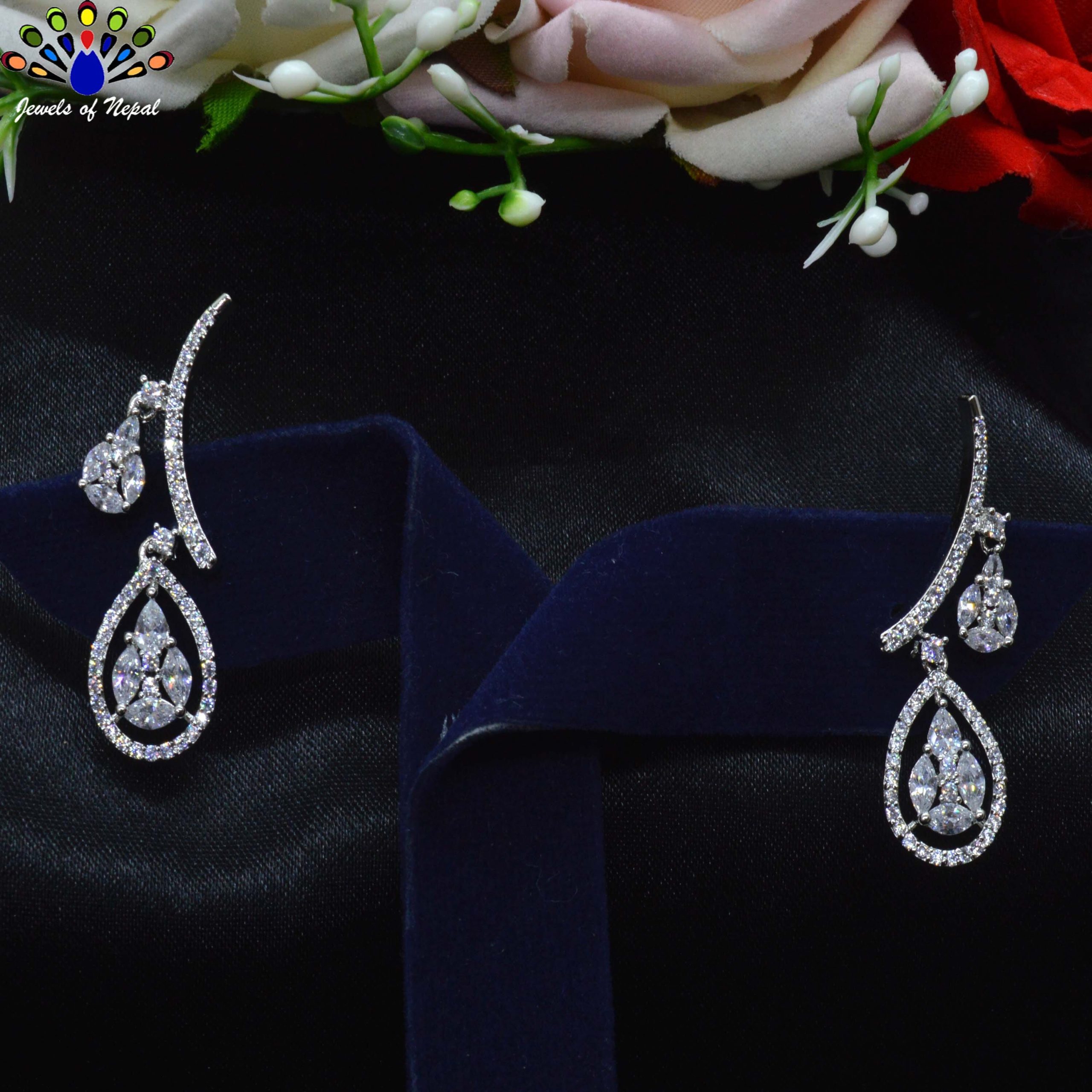 Jewels of Nepal American Diamond Stone Studded Double Drop Designed Earrings for Women