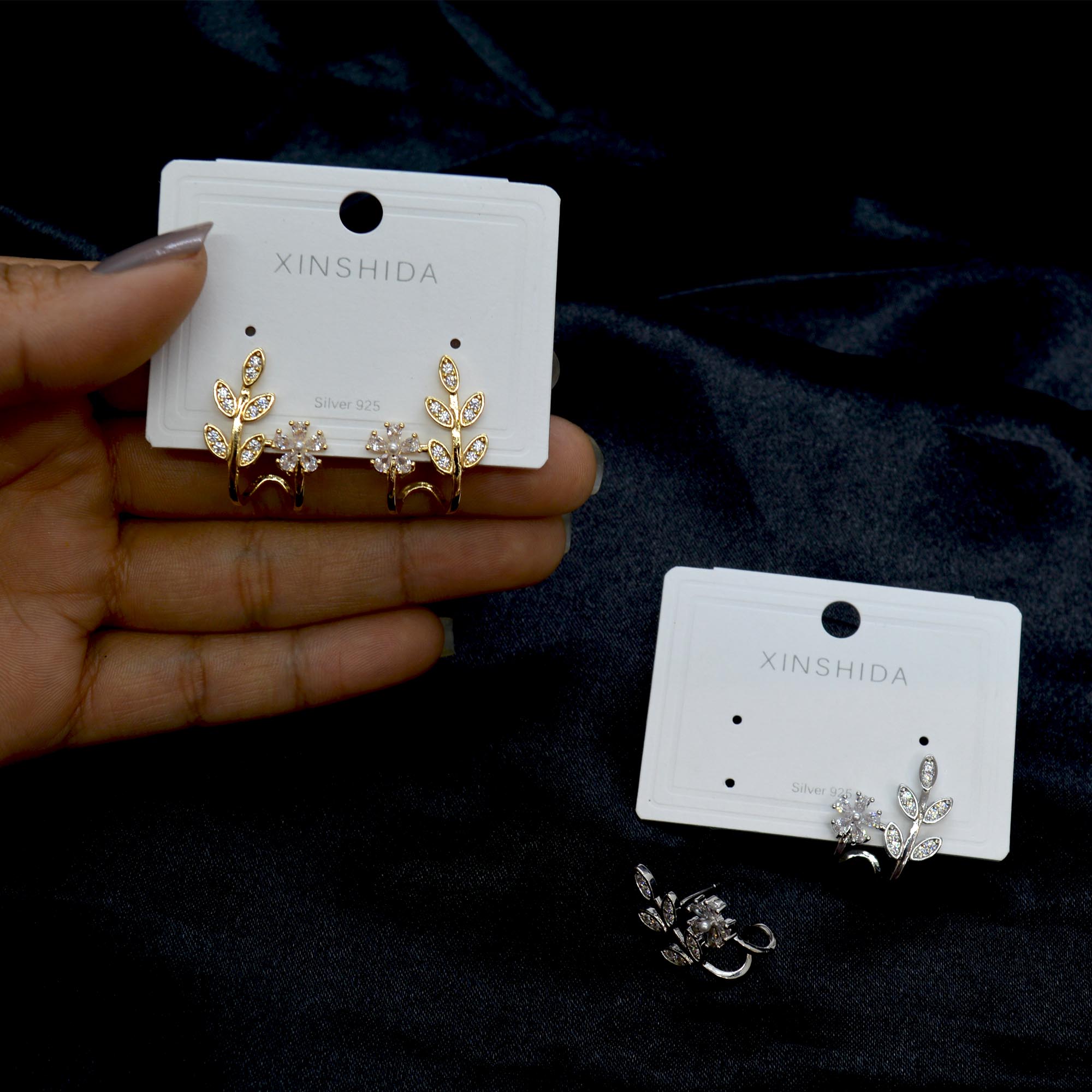 Jewels of Nepal S925 Trendy Elegant CZ Stones Studded Leaves Designed Ear Studs For Women - Image 2