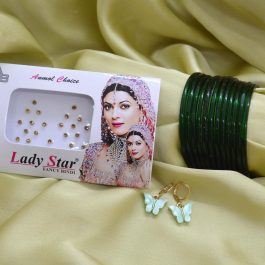 Shrawan Special Green Cut Patterned Glass Bangles/ Chura Set with Butterfly Earrings for Women