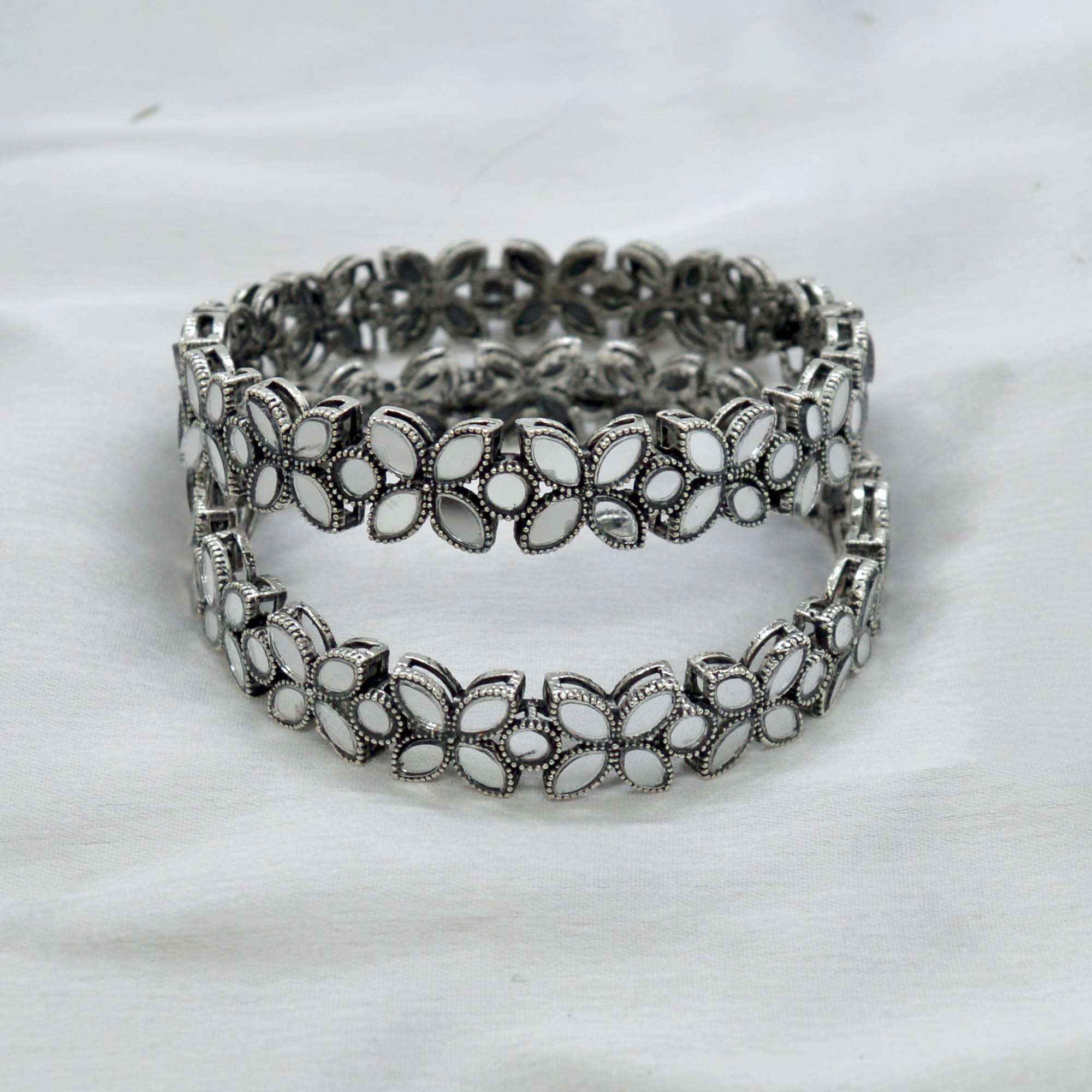 Jewels Of Nepal Gunmetal Toned Mirror Studded Bangles Set For Women- Set of 2 pcs
