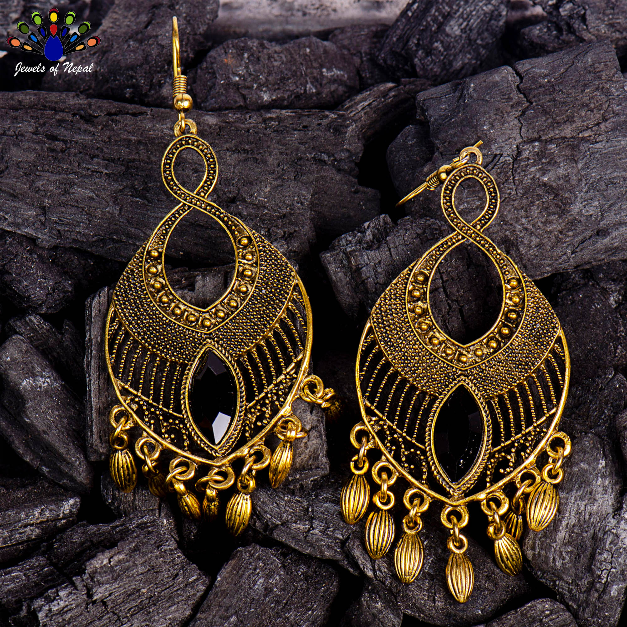 Golden/Black Drop Design Dot Textured Tassel Earrings For Women - Image 3