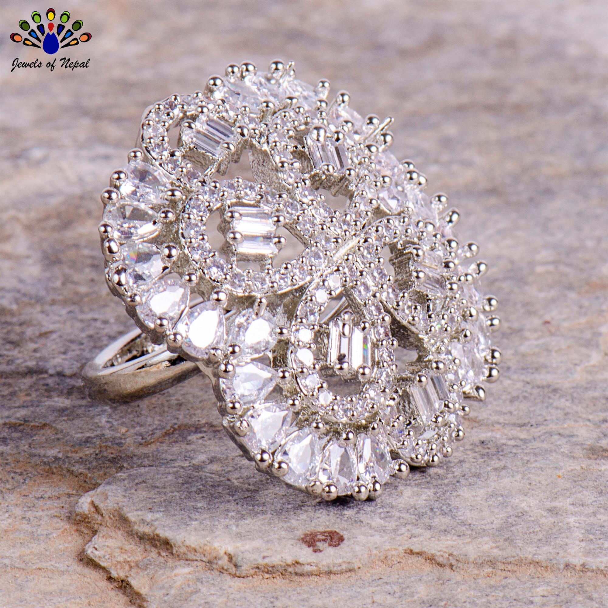 American Diamond Embellished Clover Shaped Cocktail Finger Ring For Women- Jewels of Nepal
