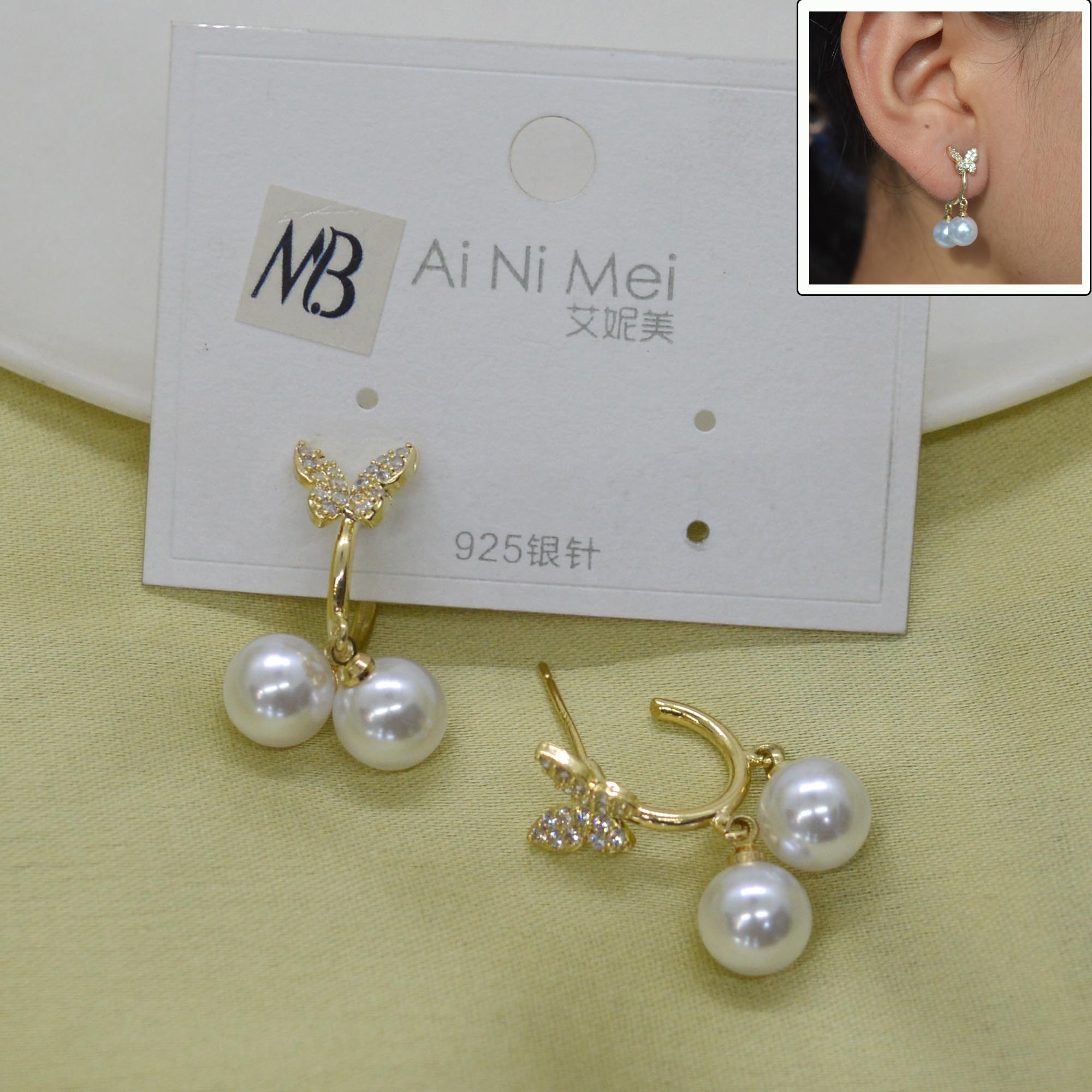 Jewels of Nepal CZ Stones Studded S925 Butterfly Designed Faux Pearl Drop C-Hoop Earrings For Women - Image 4
