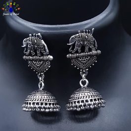 Jewels of Nepal German Silver Oxidized Elephant Top Pinjada Earrings For Women