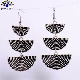 Silver Dot Textured Half Circular 3 Tiered Earrings