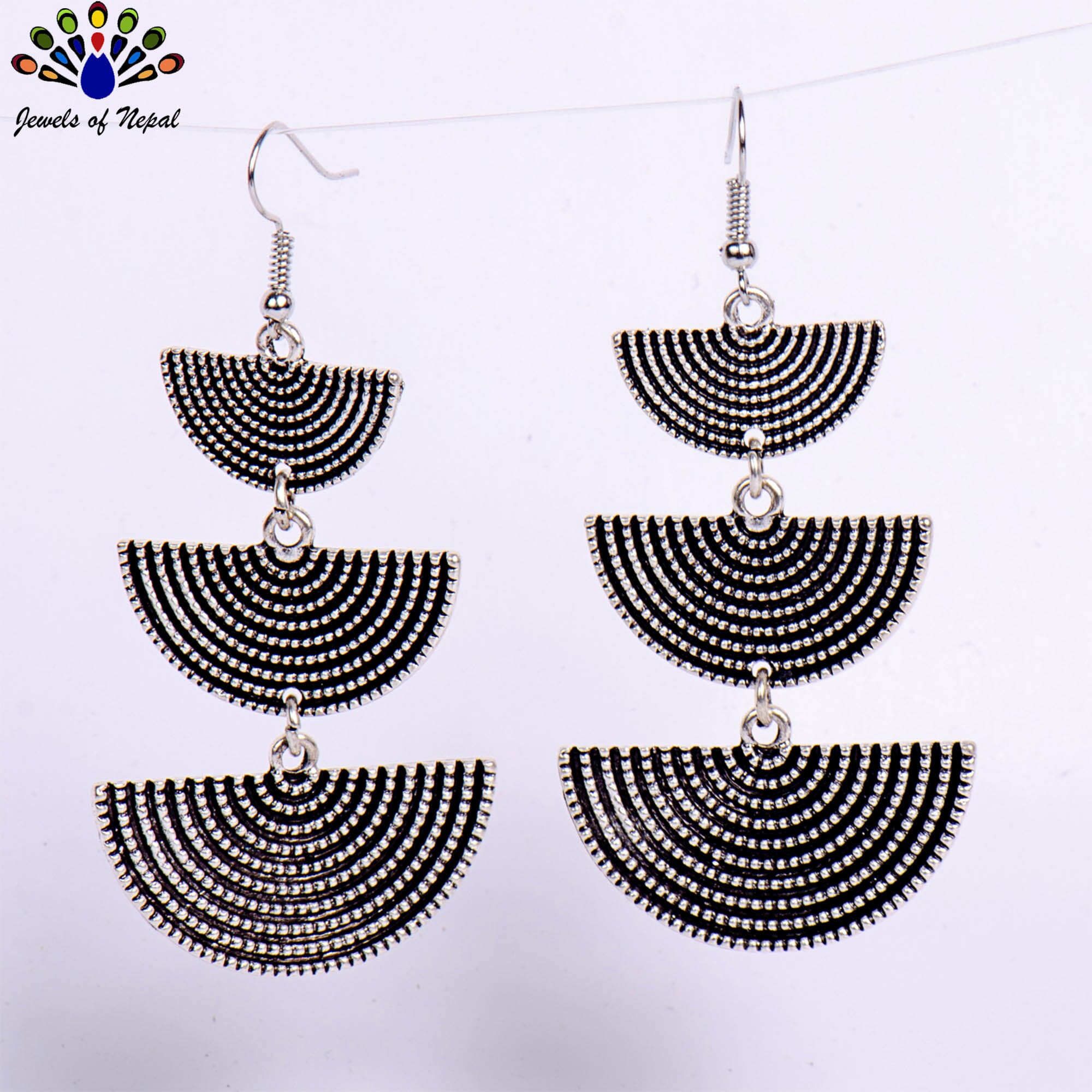 Silver Dot Textured Half Circular 3 Tiered Earrings