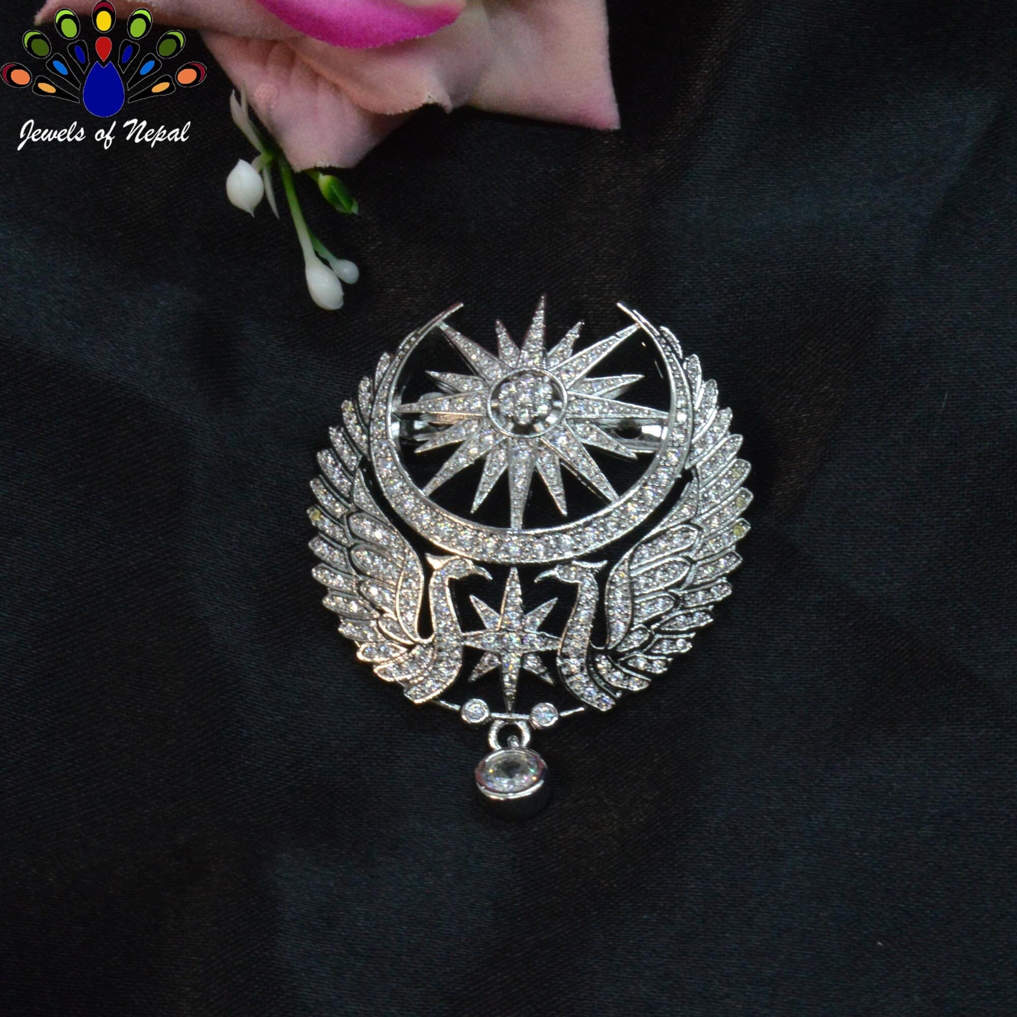 Jewels of Nepal American Diamond Studded Sun Star and Peacock Designed Brooch for Women - Image 2
