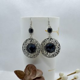 Silver/Black Circular Drop Stoned Self Patterned Earrings
