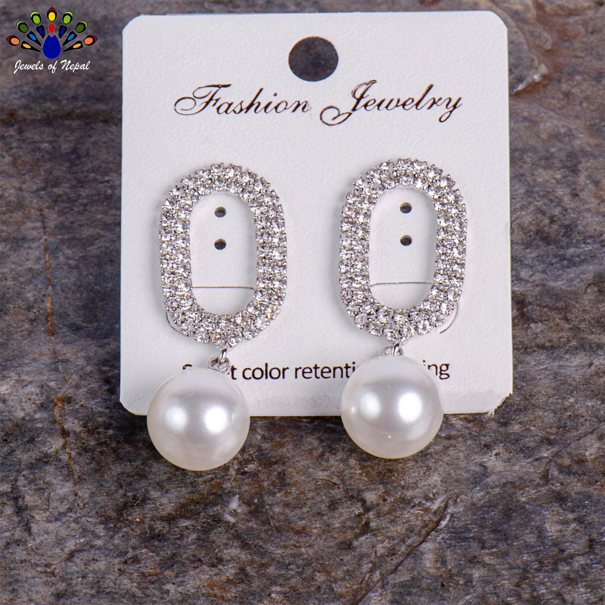 Golden/Silver Plated Stone Studded Top Simulated Pearl Drop Earrings For Women-Jewels of Nepal - Image 3