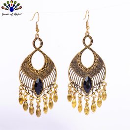 Golden/Black Drop Design Dot Textured Tassel Earrings For Women