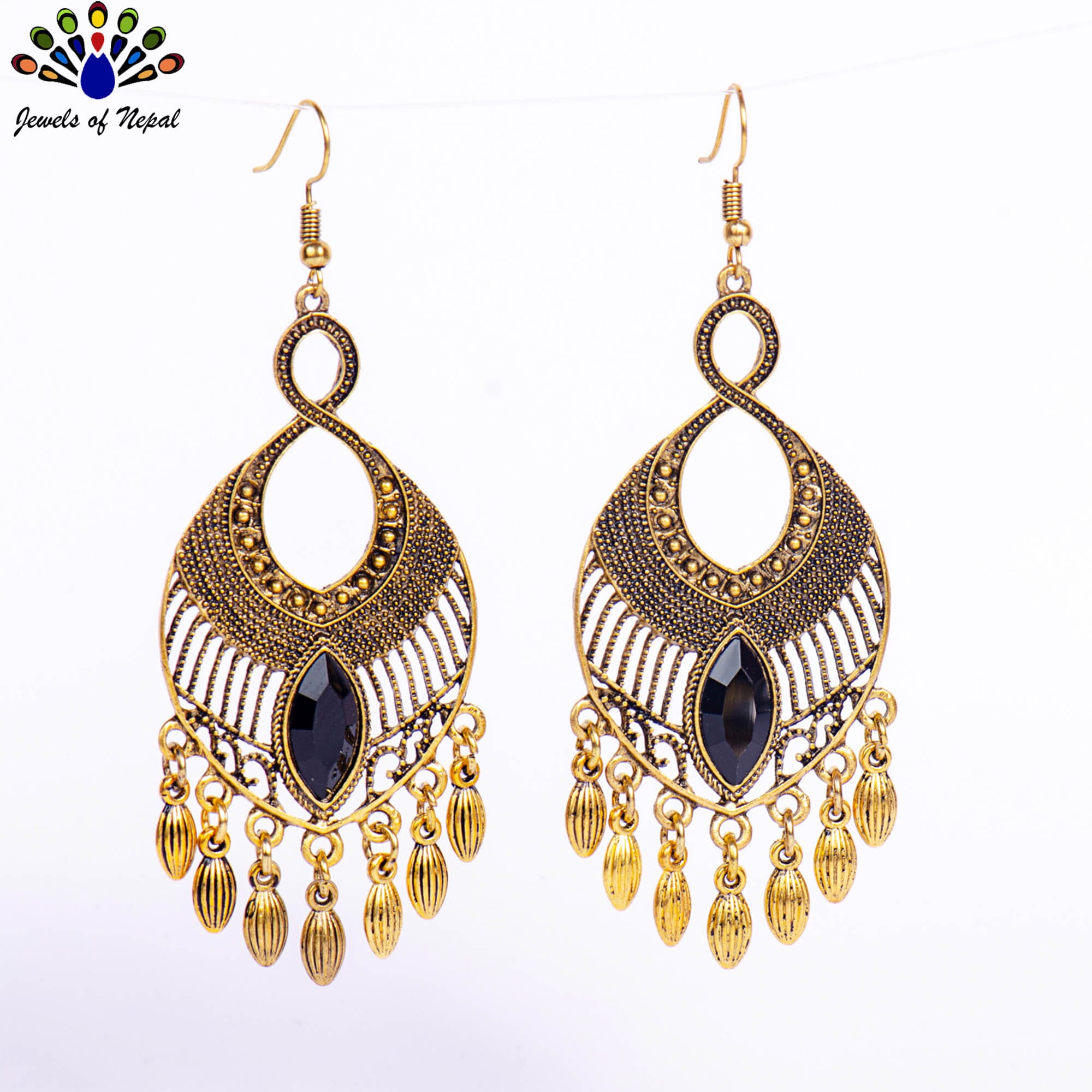 Golden/Black Drop Design Dot Textured Tassel Earrings For Women