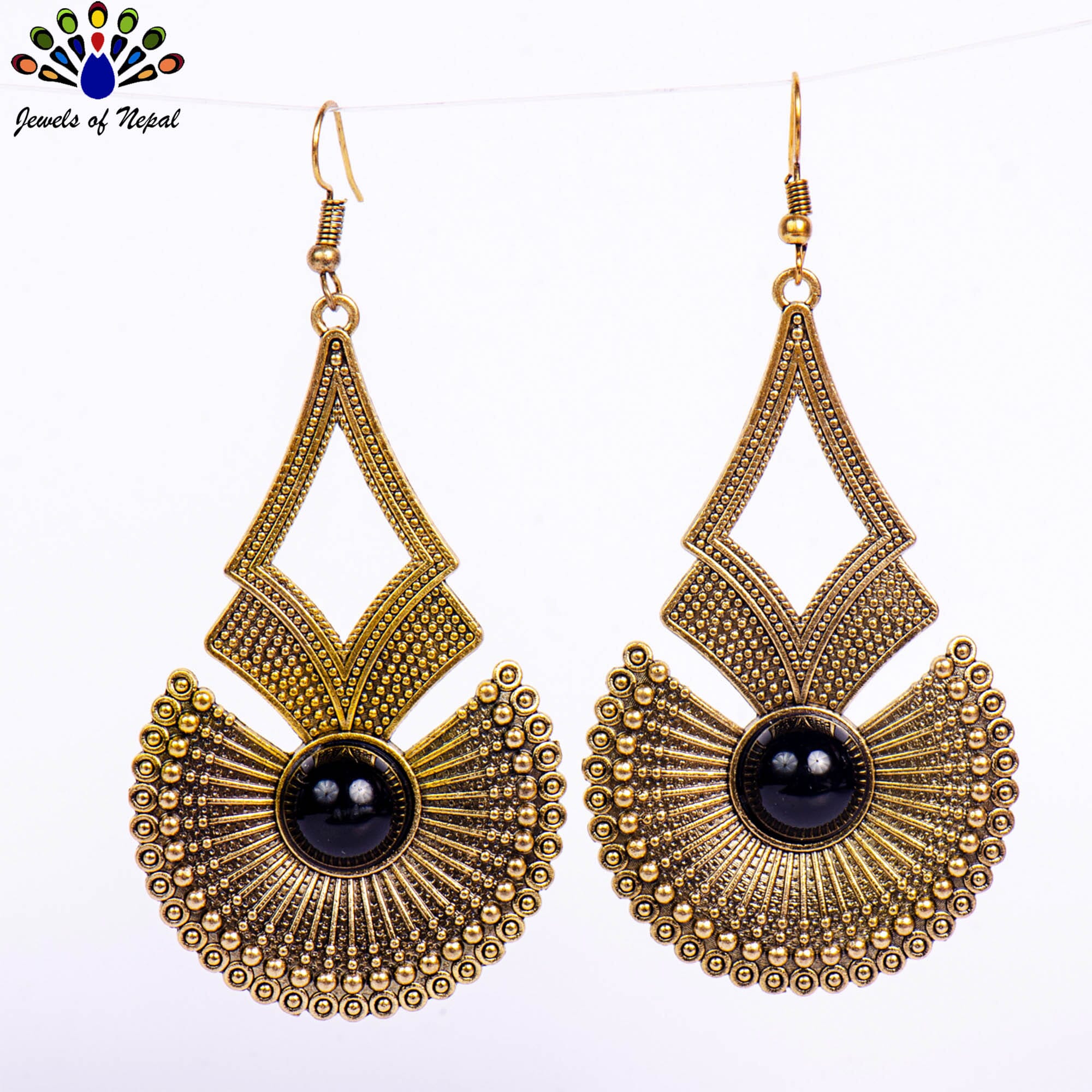 Golden/Silver Dot Patterned Long Drop Earrings For Women- Jewels of Nepal - Image 2
