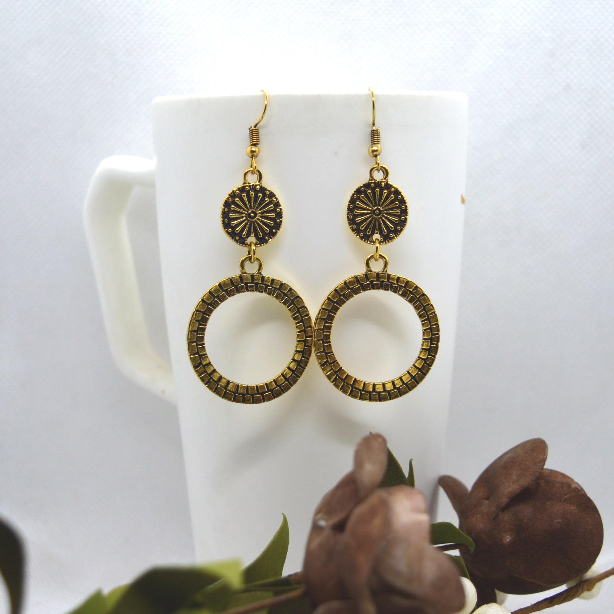 Golden/Silver Aztec Patterned Double Circular Earrings For Women - Image 5