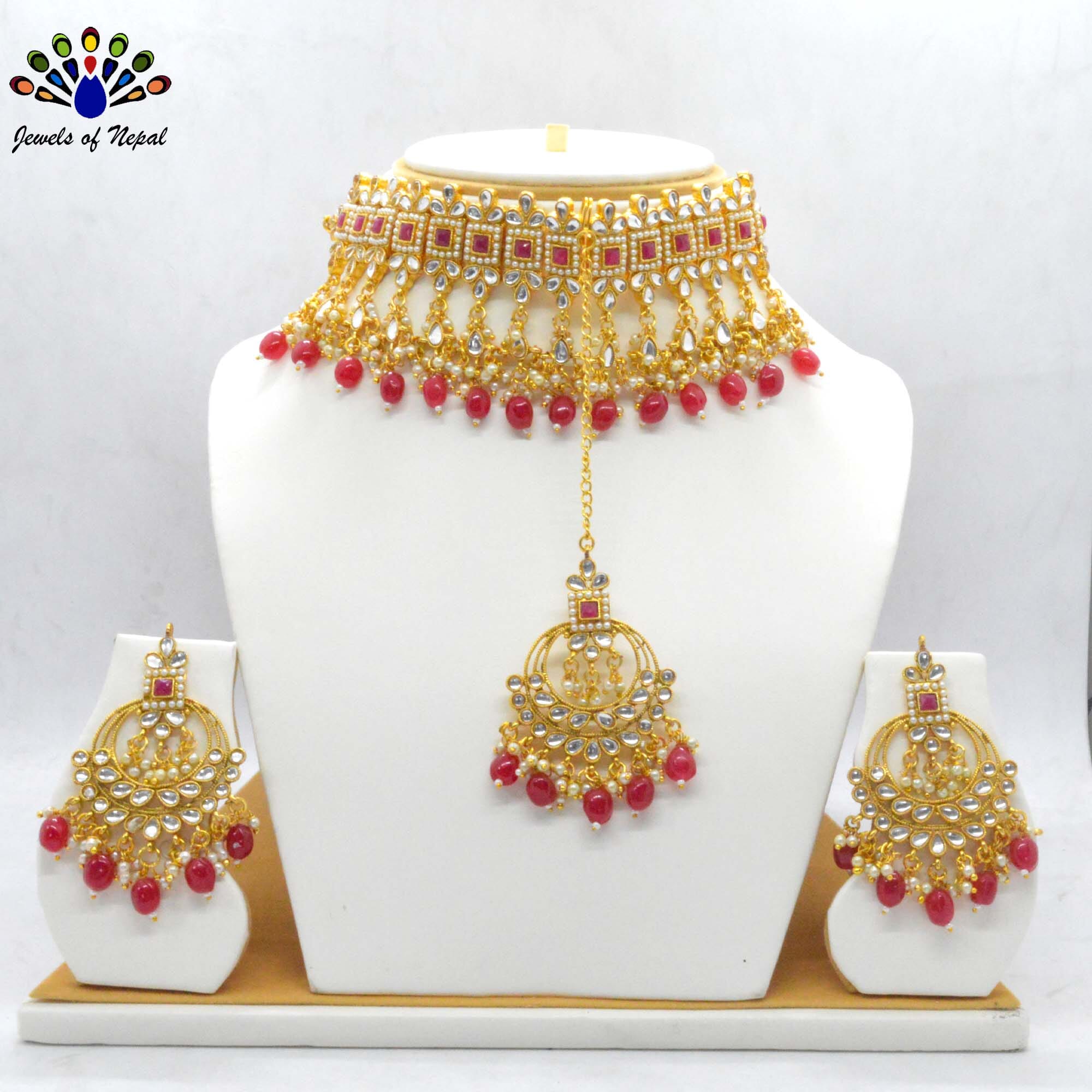 Faux Moti & Beads Beaded Adjustable Choker Set With Earrings & Maangtika by Jewels of Nepal - Image 6
