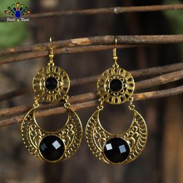 Black Stone Adorned Self Patterned Chandbali Drop Earrings For Women
