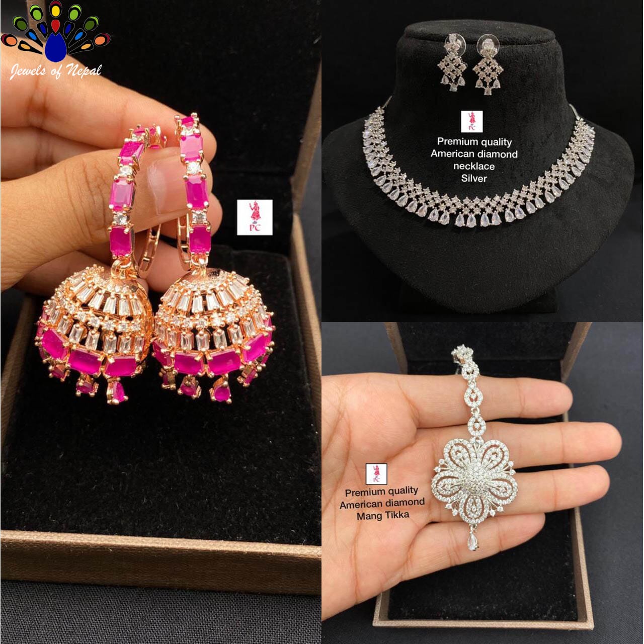 Jewels of Nepal American Diamond Set- Necklace, Earrings and Ring Pinjada Earrings with Tika Set for Women - Image 4