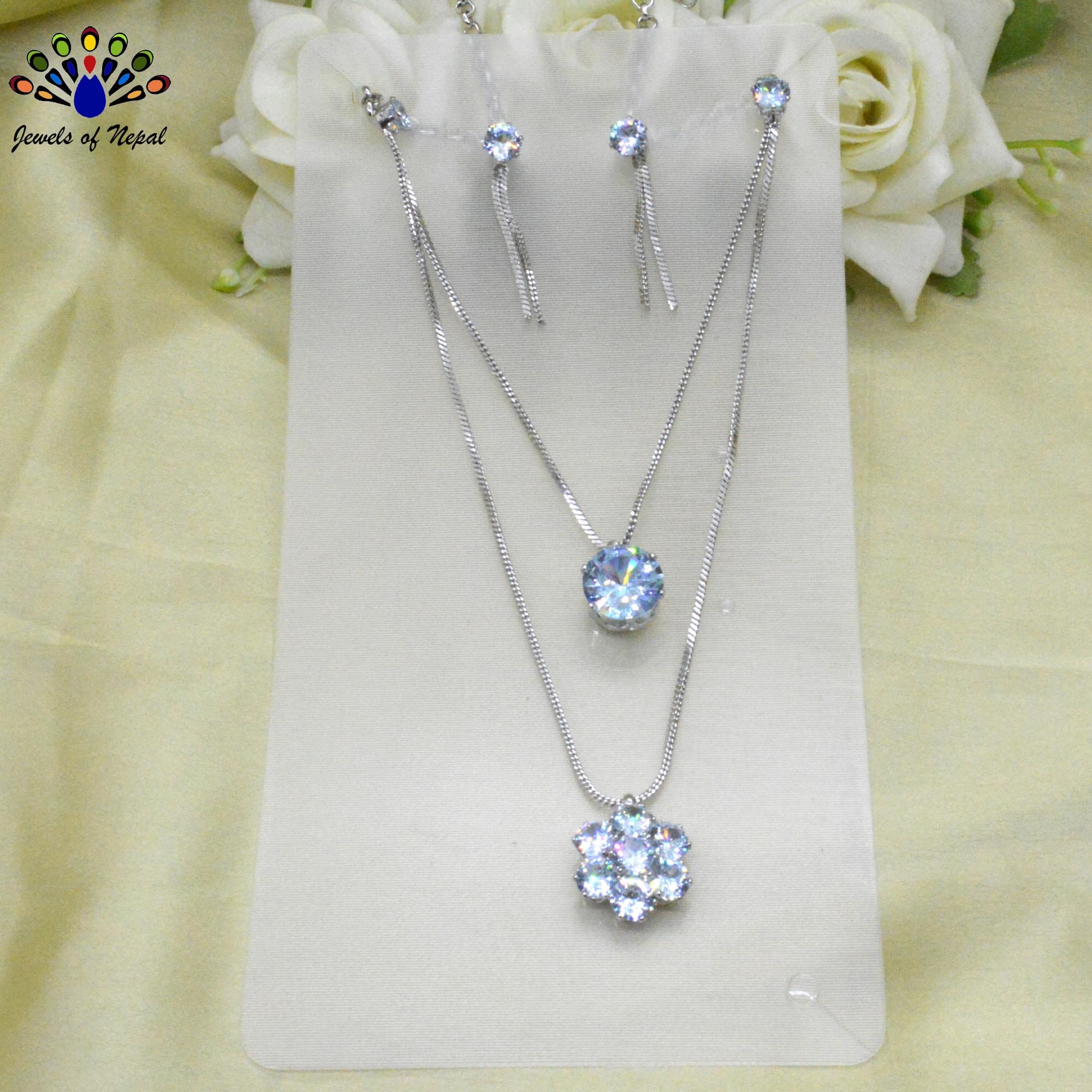 Jewels of Nepal American Diamond Stoned Layered Chain Pendant Necklace & Earrings Set for Women - Image 3