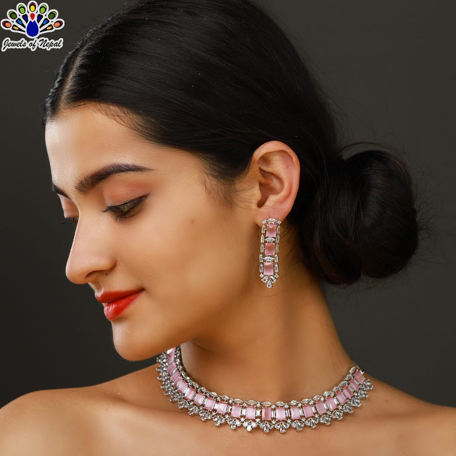 Jewels of Nepal American Diamond Studded Choker Necklace & Earrings Set for Women - Image 5