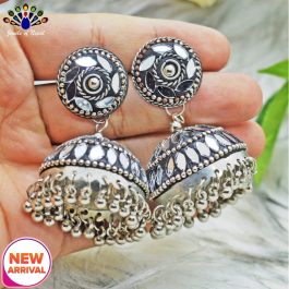 Jewels of Nepal Black/Silver Mirror / Beads Studded Pinjada Earrings For Women