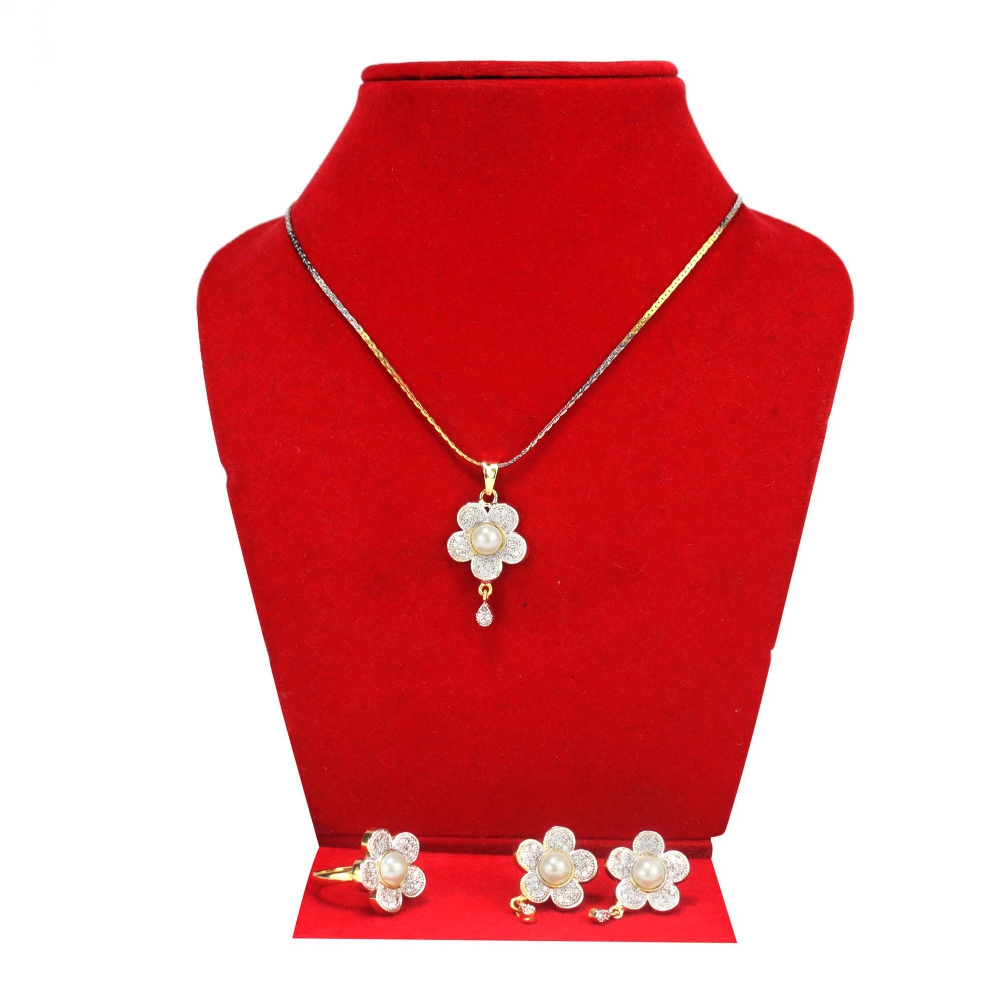 American Diamond & Pearl Embellished Floral Jewelry Set For Women