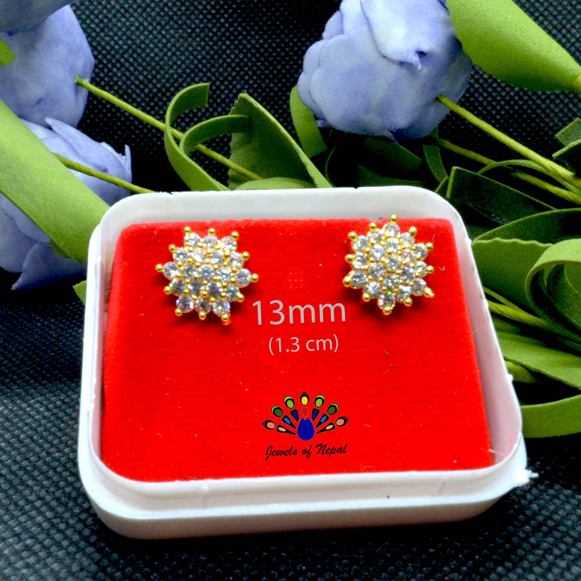 Faux Ruby / White Stone Gold Plated Thaka Earring Studs For Women- 1 Pc - Image 3