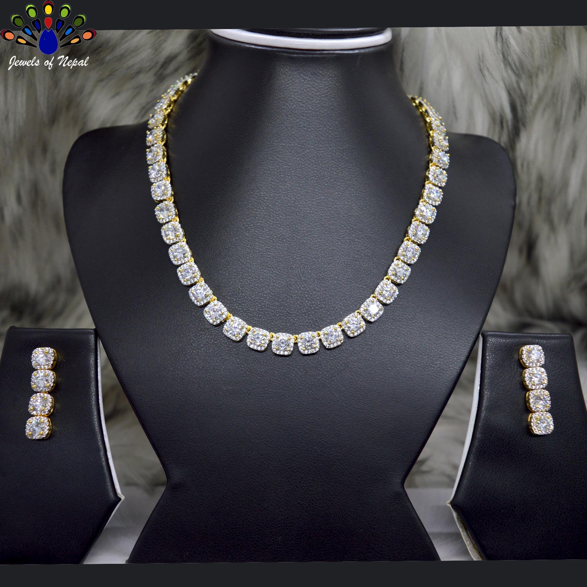 Jewels of Nepal American Diamond / Cubic Zirconia 5A Full Stone Studded Lined Necklace and Earrings Set for Women
