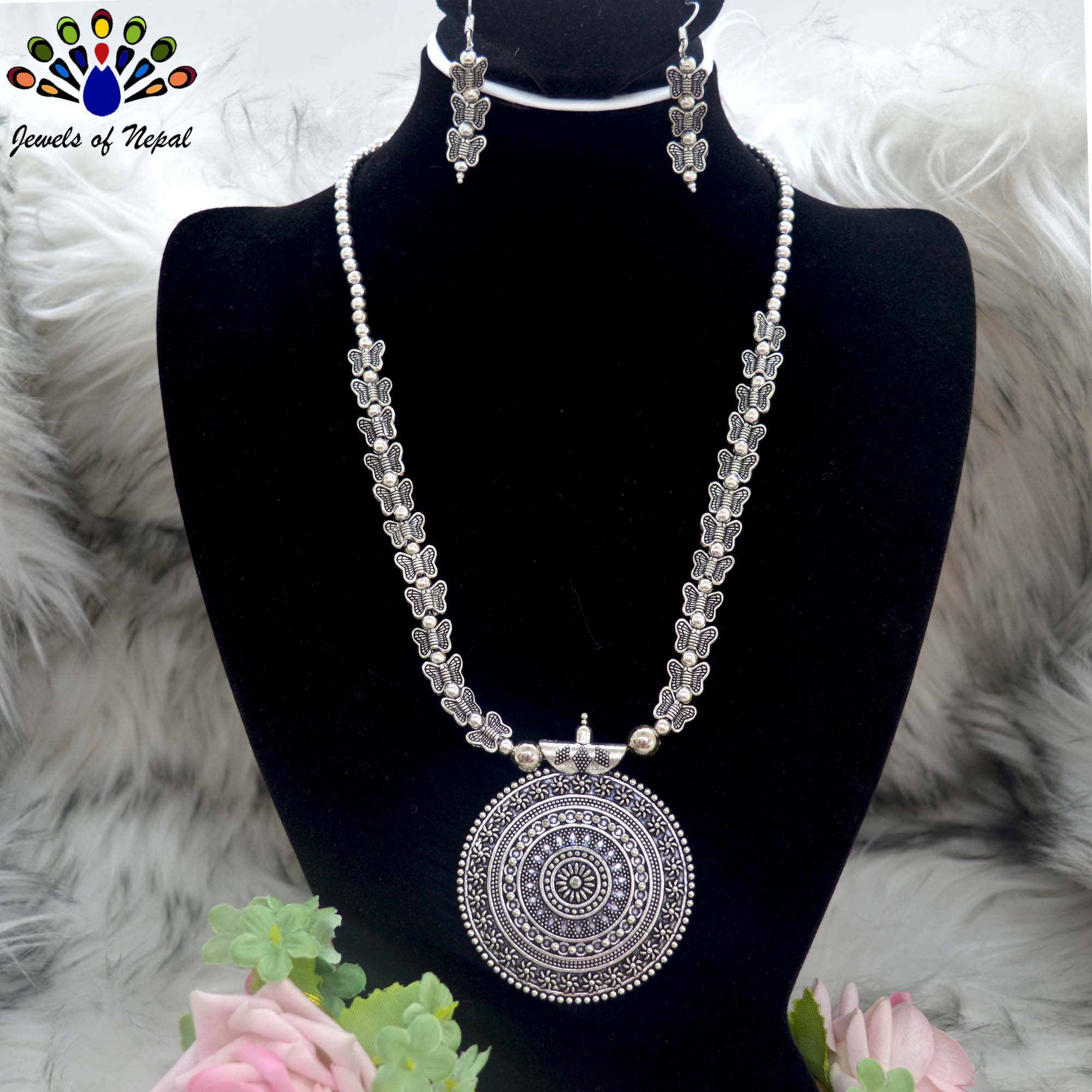 Jewels of Nepal Silver Oxidized Butterfly Necklace & Earrings Set for Women