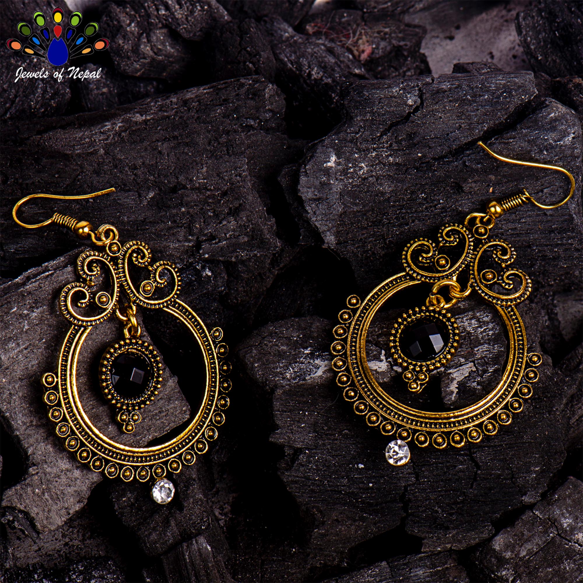 Golden/Black Stoned Dot Textured Round Drop Earrings For Women - Image 4
