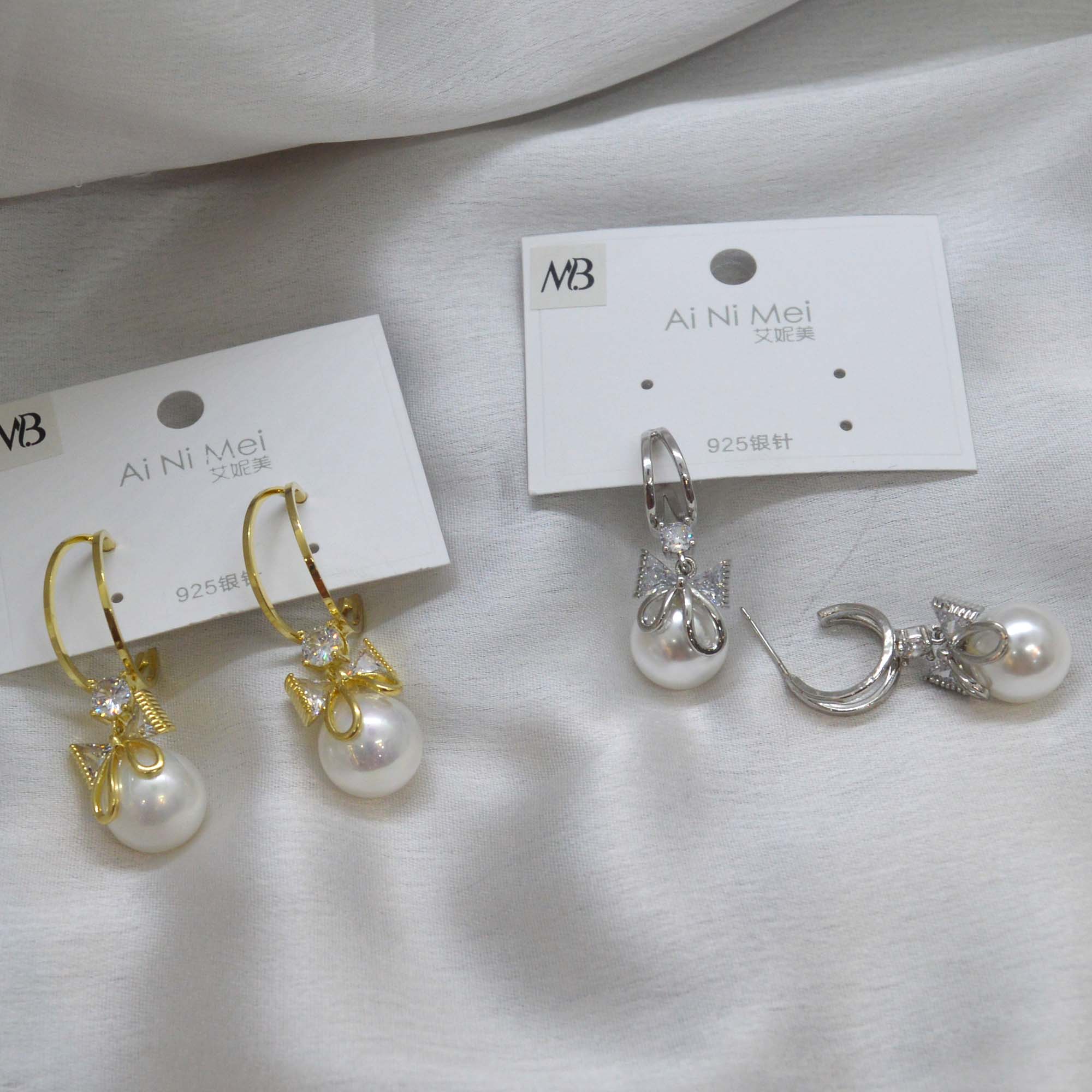 Jewels of Nepal CZ Stones Studdd S925 Faux Moti Drop Dangling C-Hoop Earrings For Women