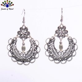 Silver Twisted Patterned Flower Designed Drop Earrings For Women