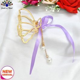 Jewels of Nepal Viral Ribbon Long Faux Pearl Drop Butterfly Body Metal Hair Claw Clip For Women