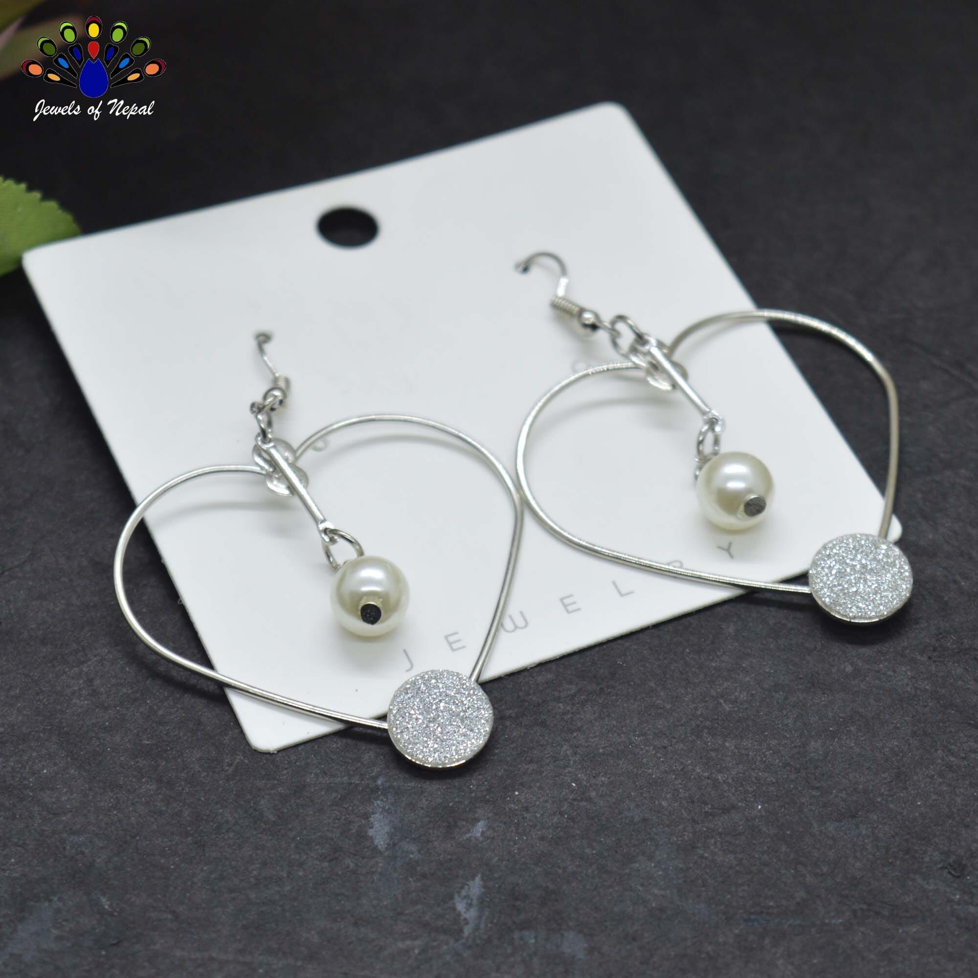 Jewels of Nepal Silver Toned Faux Moti Dangling Heart Drop Earrings For Women