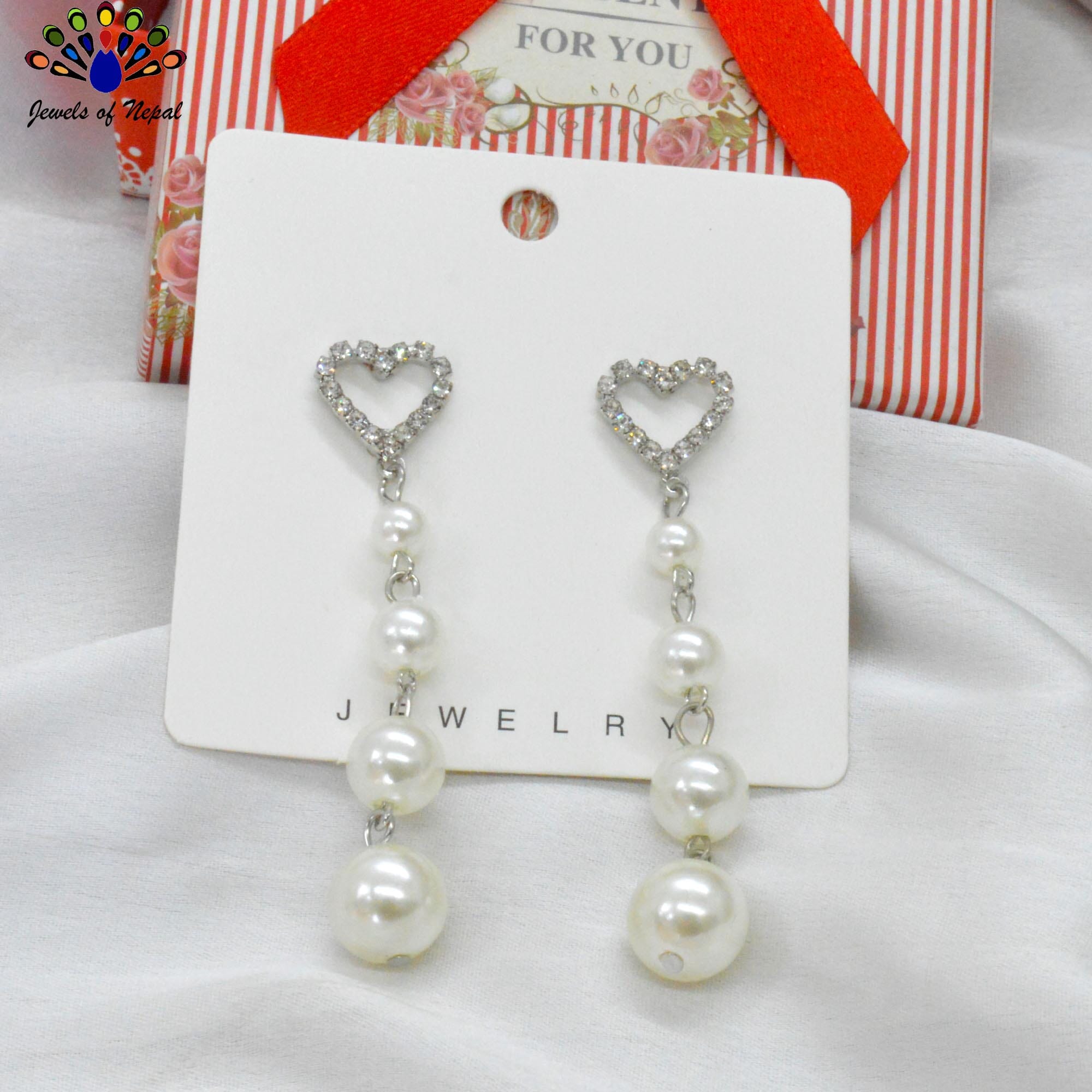 Jewels of Nepal Silver Toned Heart Stone Top Faux Moti Drop Dangling Earrings For Women