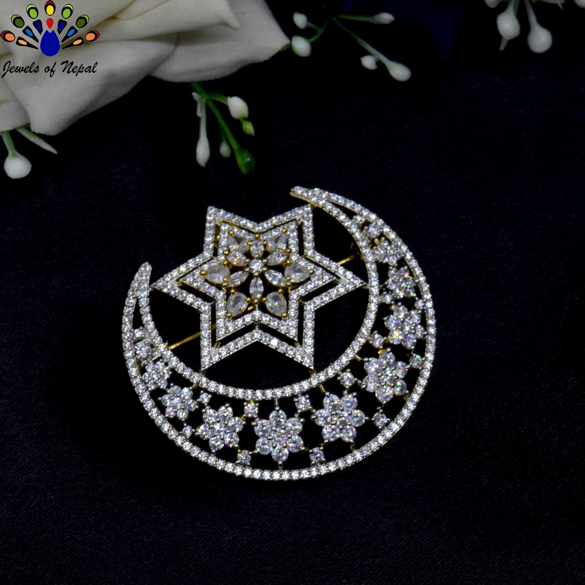 Jewels of Nepal Imitation Diamond (American Diamond) 5A Grade CZ Studded Crescent Moon and Double Star Designed Brooch for Women - Image 2