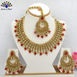 Golden/Red Faux Kundan & Crystal Studded Adjustable Necklace, Earrings And Mangtika Set