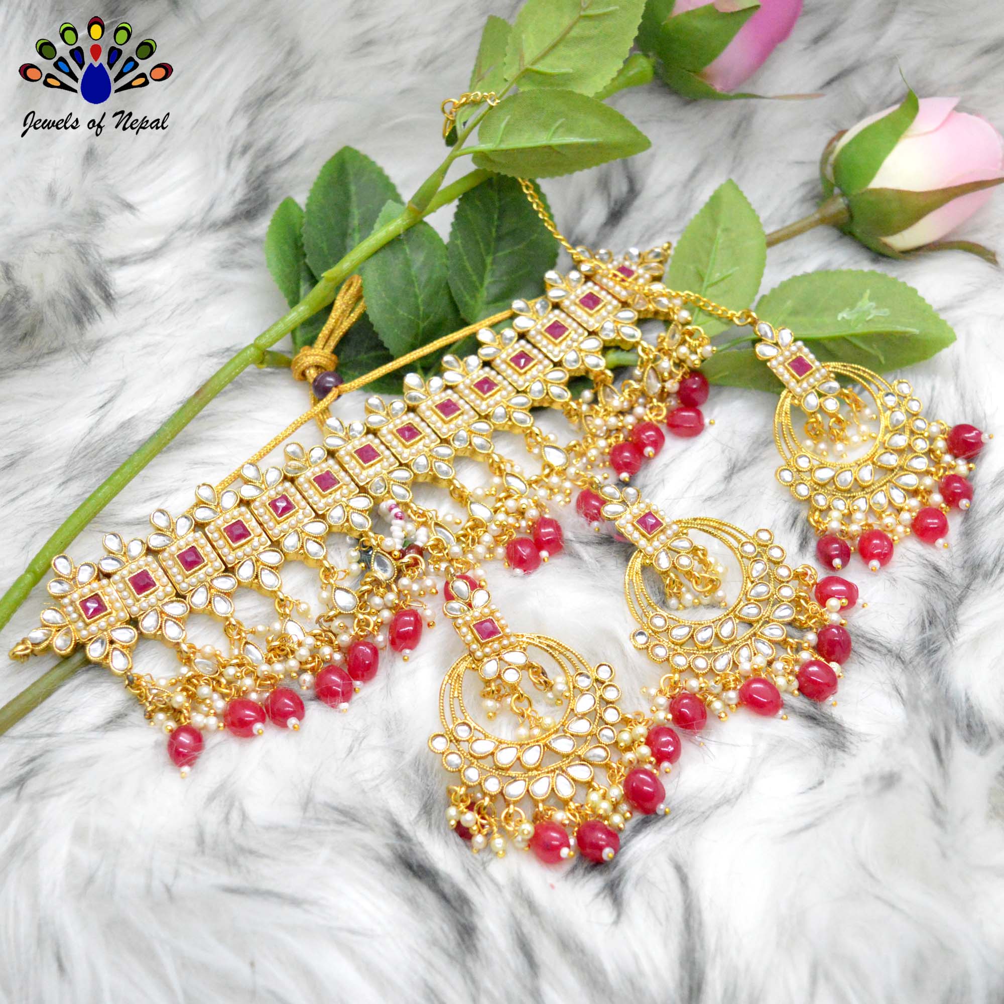 Faux Moti & Beads Beaded Adjustable Choker Set With Earrings & Maangtika by Jewels of Nepal - Image 2