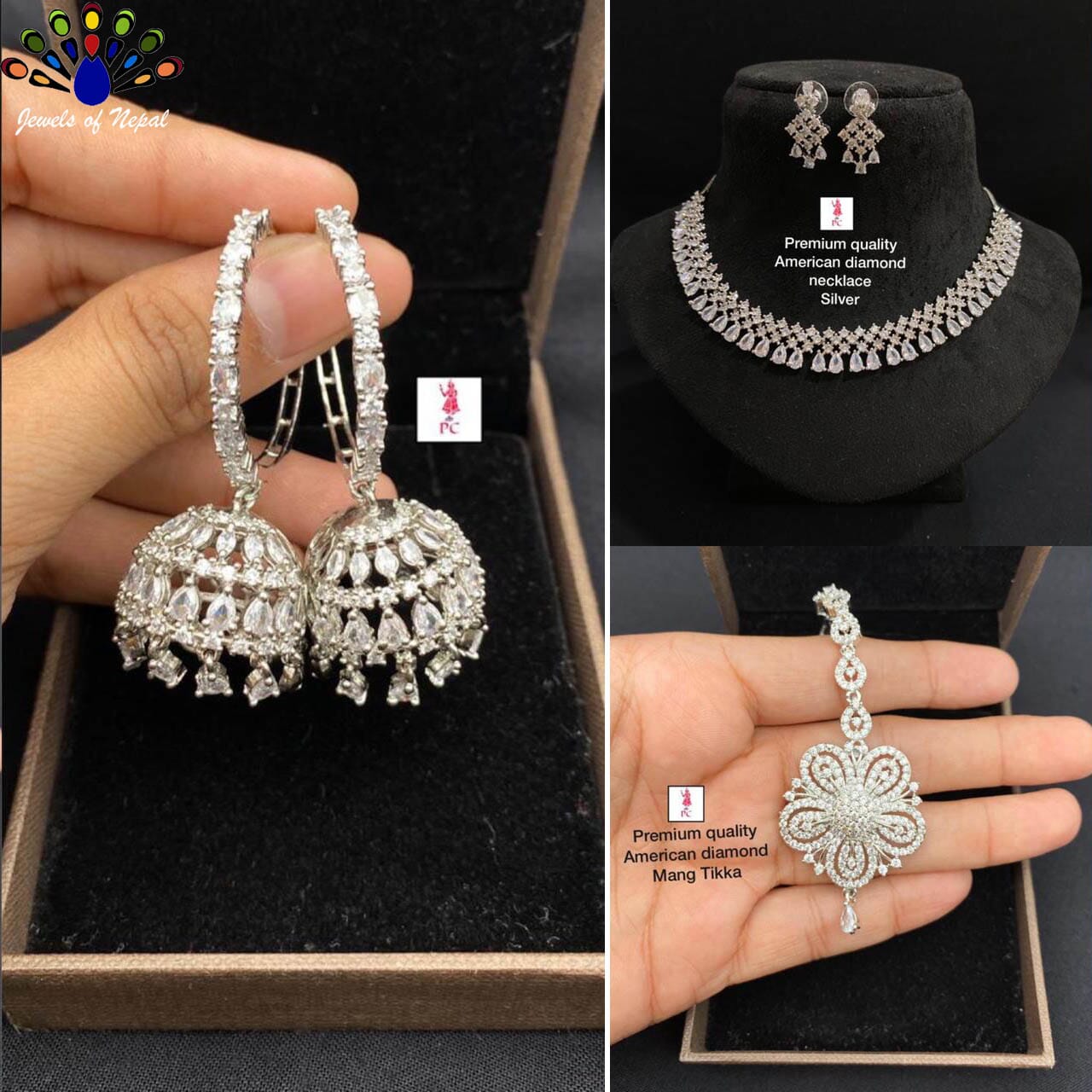 Jewels of Nepal American Diamond Set- Necklace, Earrings and Ring Pinjada Earrings with Tika Set for Women - Image 3