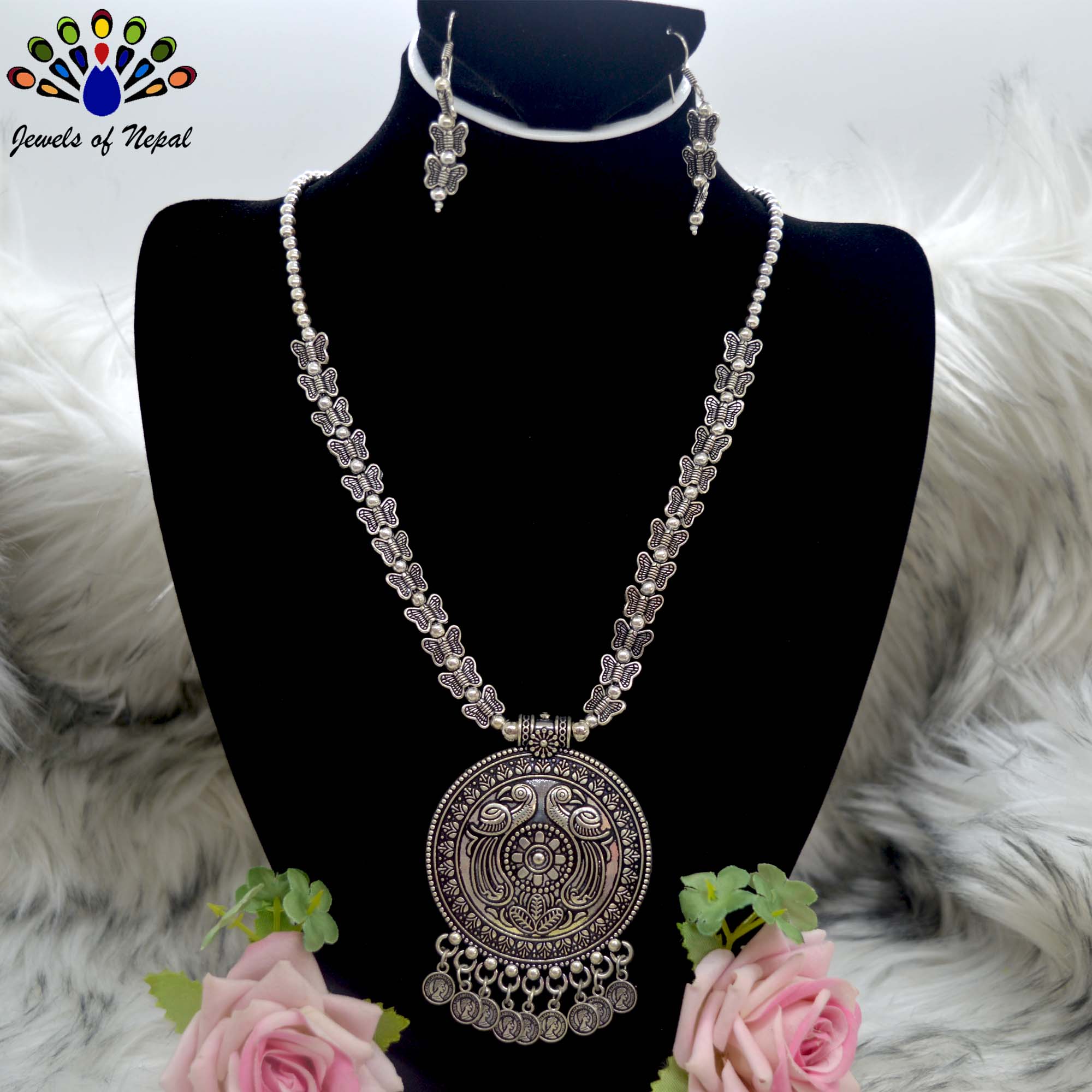 Jewels of Nepal Silver Oxidized Butterfly Necklace & Earrings Set for Women